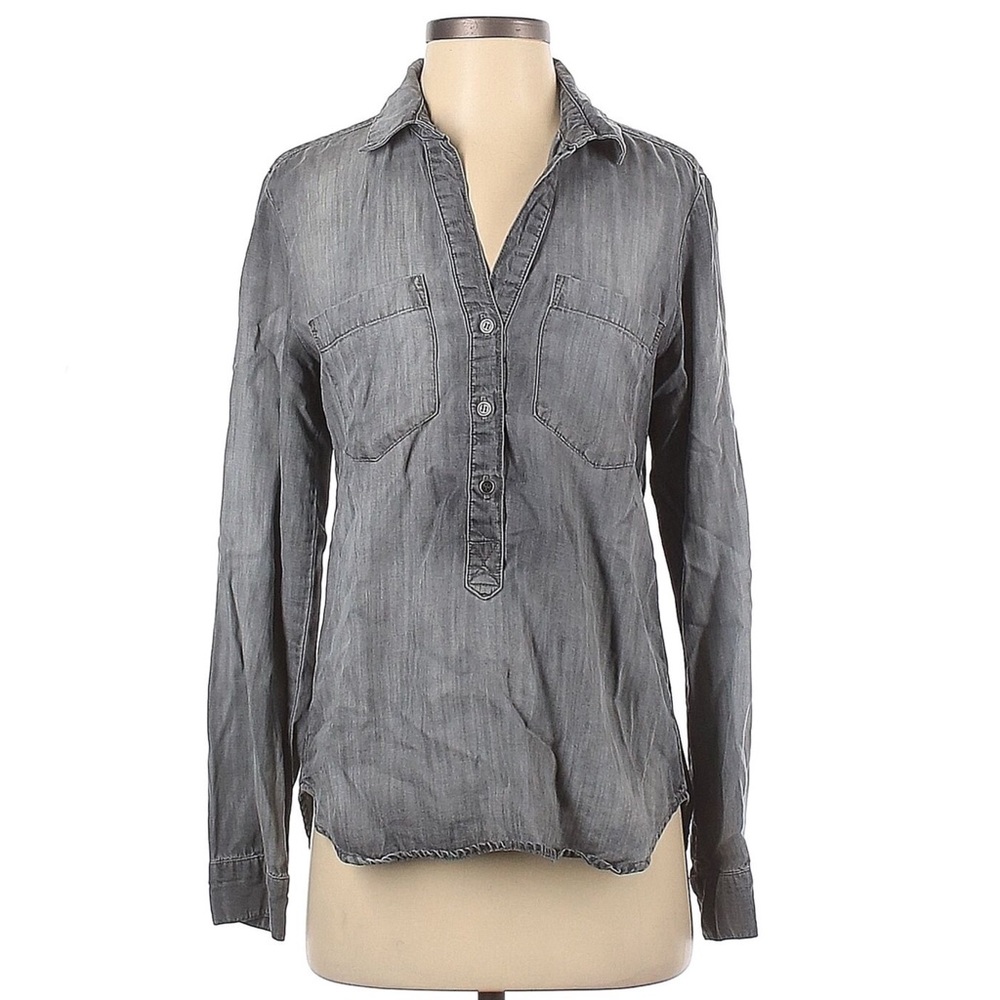 Bella Dahl Shirt M Womens Gray Popover Collared V Neck Roll Tab 3/4 Sleeves